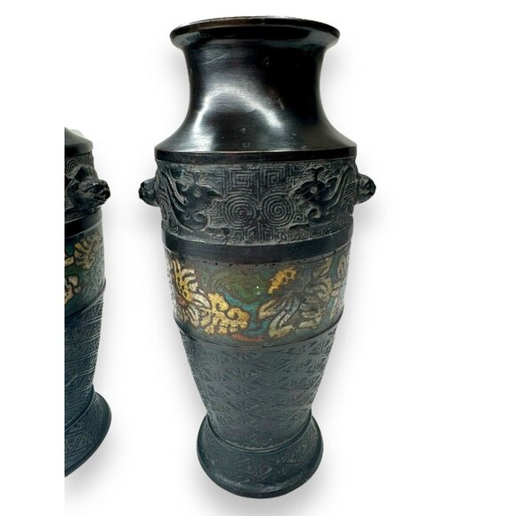Antique Chinese Cloissone Bronze Vases Set Of 2 - Picture 5 of 16